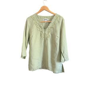 BUTTONS | 90s Vintage Sage Green Sequin V Neck Linen Shirt Tunic | Large